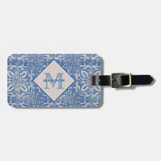 Étiquette À Bagage Carreaux portugais Vintage bleu blanc Monogramme (Devant horizontal)