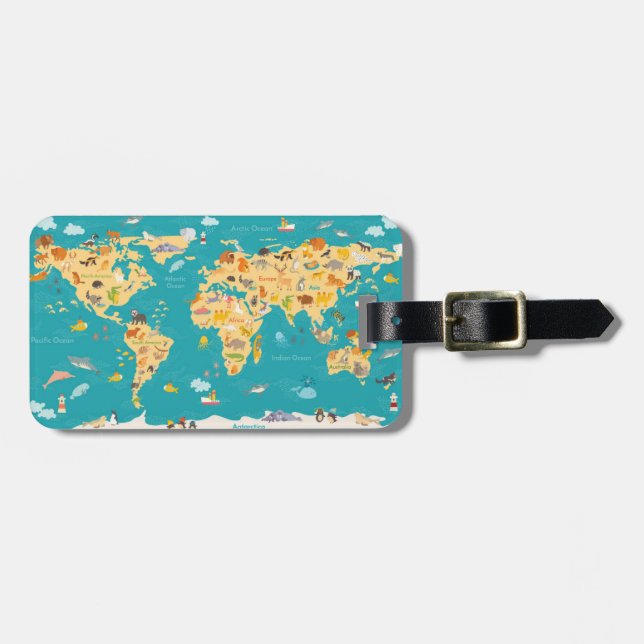 Étiquette À Bagage Carte animale du monde pour des enfants (Devant horizontal)