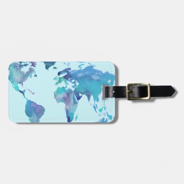 Étiquette À Bagage Carte bleue du monde d'aquarelle (Devant horizontal)