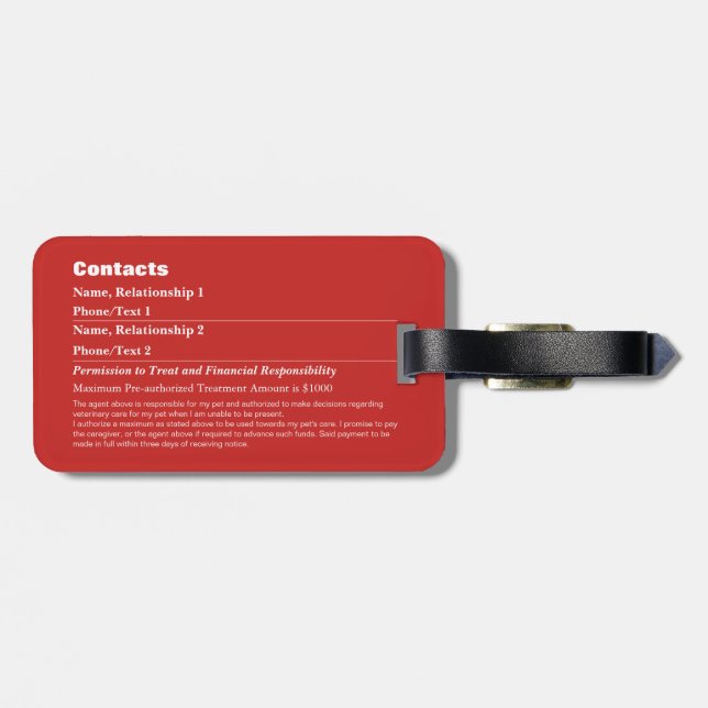 Étiquette À Bagage Carte d'information d'urgence pour animaux v6 (Dos horizontal)