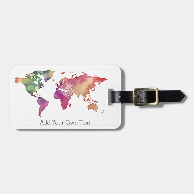 Étiquette À Bagage Carte du monde aquarelle Ajouter votre propre text (Devant horizontal)