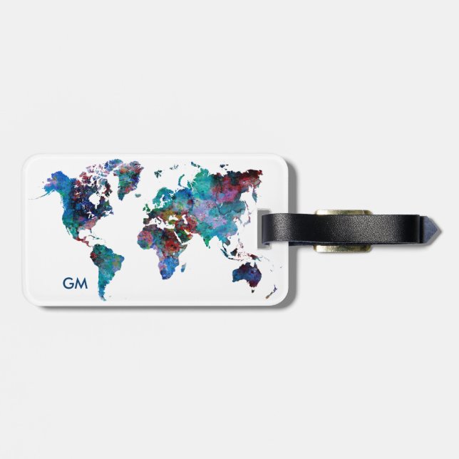 Étiquette À Bagage Carte du monde aquarelle peinture personnalisée Mo (Dos horizontal)