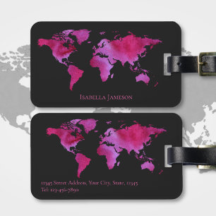 Étiquette À Bagage Carte du monde aquarelle personnalisée rose chaud 