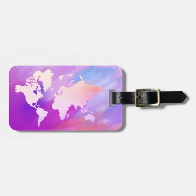 Étiquette À Bagage Carte du monde Aquarelle rose Élégant Propre vinta (Devant horizontal)