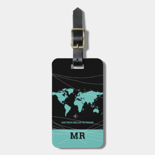 Étiquette À Bagage carte du monde bleu turquoise identification de vo