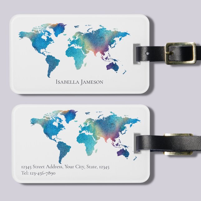 Étiquette À Bagage Carte du monde de l'aquarelle personnalisée (Créateur téléchargé)