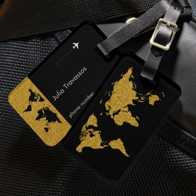Étiquette À Bagage Carte du monde de voyage d'or personnalisée (Créateur téléchargé)