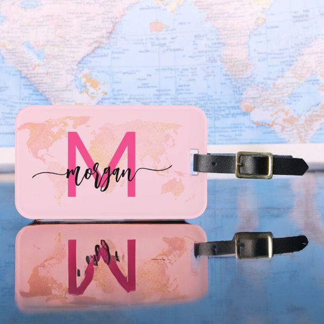 Étiquette À Bagage Carte du monde du voyage Hot Pink Nom du monogramm (Créateur téléchargé)