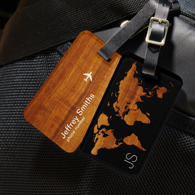 Étiquette À Bagage Carte du monde du voyage personnalisé Wood (Créateur téléchargé)