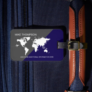 Étiquette À Bagage Carte du Monde Élégante Moderne Bleu et Gris 