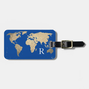 Étiquette À Bagage Carte du monde Golden Sepia Blue Monogramme Nom in