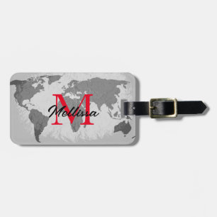 Étiquette À Bagage Carte du monde Gris Rouge Monogrammes Nom du voyag