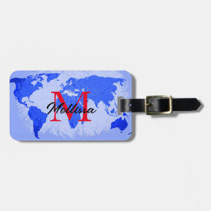 Étiquette À Bagage Carte du monde Mondes Monogrammes Bleus Nom du voy