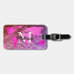 Étiquette À Bagage Carte du monde Monogram Rose Rose Parties scintill