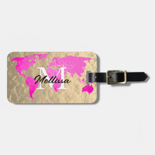 Étiquette À Bagage Carte du monde Monogramme Voyageur Pink Gold Foil 