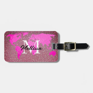 Étiquette À Bagage Carte du monde Monogramme Voyageur Rose Rose Rose 