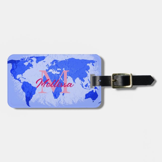 Étiquette À Bagage Carte du monde Monogrammes bleu rose Nom du voyage (Devant horizontal)