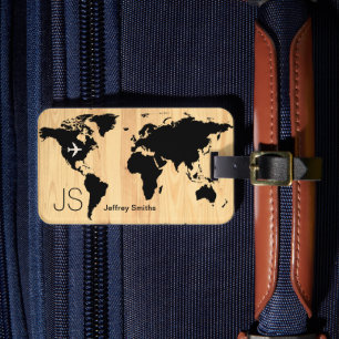Étiquette À Bagage Carte du monde noir personnalisée
