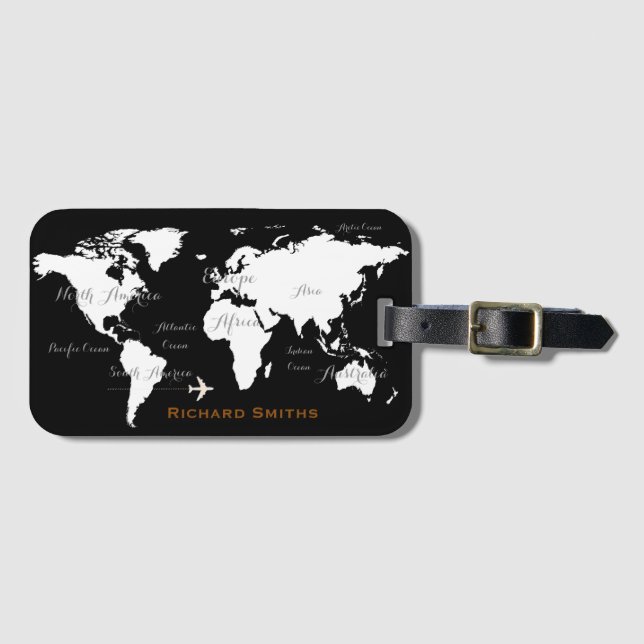 Étiquette À Bagage carte du monde nommée voyage noir et blanc (Devant Horizontal)