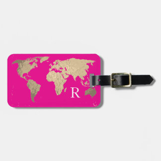Étiquette À Bagage Carte du monde rose chaud monogramme initial nom