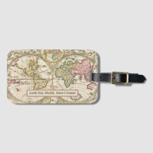 ÉTIQUETTE À BAGAGE "CARTE DU MONDE VINTAGE/"REGARDEZ LE MONDE ICI JE 