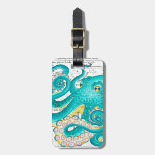 Étiquette À Bagage Carte marine de pieuvre turquoise Aquarelle