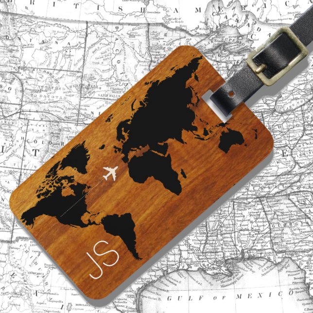 Étiquette À Bagage carte mondiale du bois de voyage personnalisée (Créateur téléchargé)