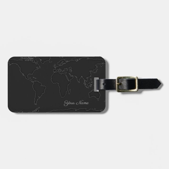 Étiquette À Bagage Carte mondiale | grandes lignes sur noirs (Devant horizontal)