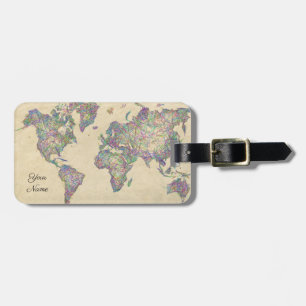 Étiquette À Bagage Carte mondiale   griffonnage de couleur vive