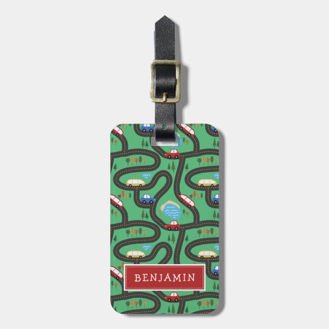 Étiquette À Bagage Carte routière pour enfants - Rouge et Bleu - Nom  (Devant Vertical)