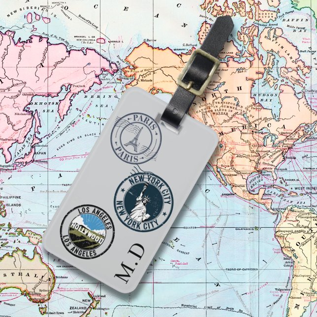 Étiquette À Bagage Cartes de passeport grises initiales monogramme (Créateur téléchargé)