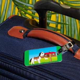 Étiquette À Bagage Cartoon Farm Scène avec Cheval Chat et Chèvre