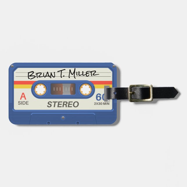 Étiquette À Bagage Cassette Bleue Rétro | Nom du marqueur (Devant horizontal)