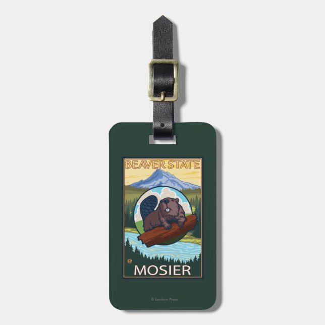 Étiquette À Bagage Castor et capot de Mt. - Mosier, Orégon (Devant Vertical)