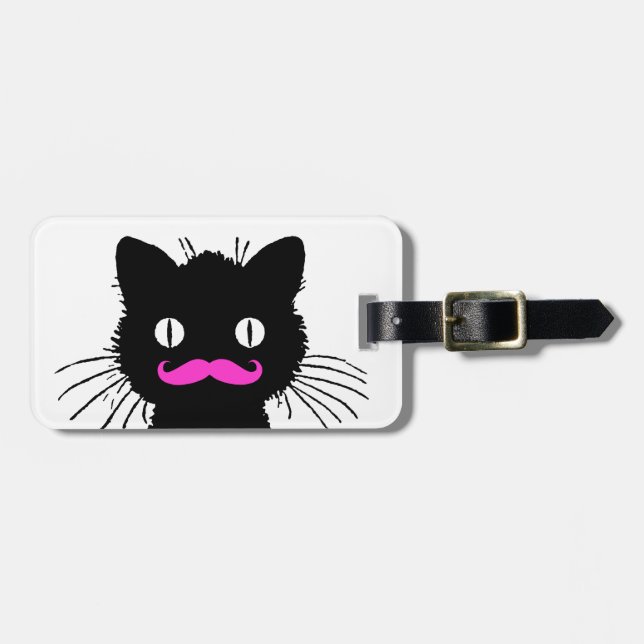 ÉTIQUETTE À BAGAGE CAT NOIR DE MOUSTACHE ROSE DRÔLE (Devant horizontal)
