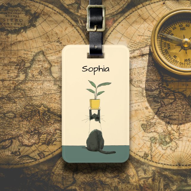 Étiquette À Bagage Cat with Plant (Créateur téléchargé)