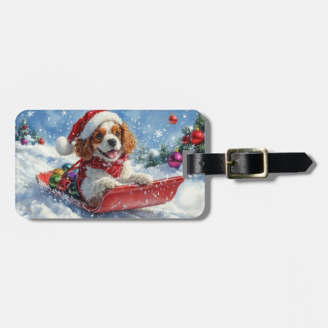 Étiquette À Bagage Cavalier King Charles Spaniel Chien Sledge Noël (Devant horizontal)