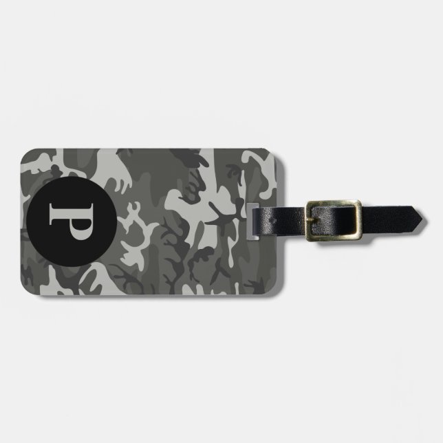 Étiquette À Bagage Cercle de camouflage militaire monogramme gris (Devant horizontal)