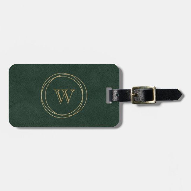 Étiquette À Bagage Cercles d'or vert foncé Monogramme (Devant horizontal)