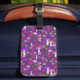 Étiquette À Bagage Champignons floraux Vibrant rose, violet et noir