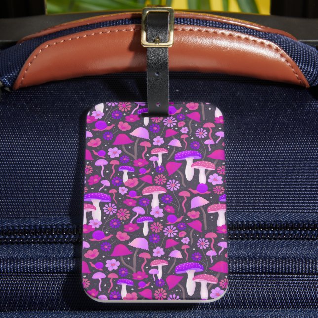 Étiquette À Bagage Champignons floraux Vibrant rose, violet et noir (Insitu Rectoal 2)