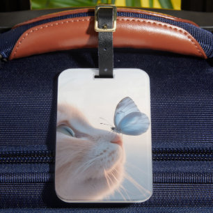 Étiquette À Bagage Chat adorable et papillon bleu
