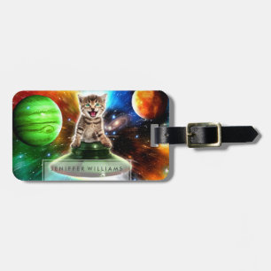 Étiquette À Bagage Chat Alien dans la soucoupe de l'ufo