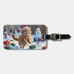 Étiquette À Bagage Chat Angora Turc courant dans la neige avec un cha