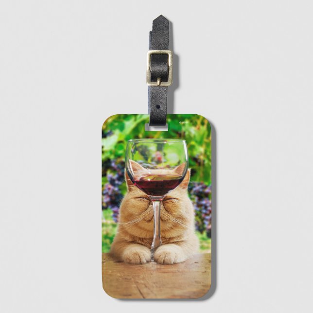 Étiquette À Bagage Chat avec verre de vin (Devant Vertical)