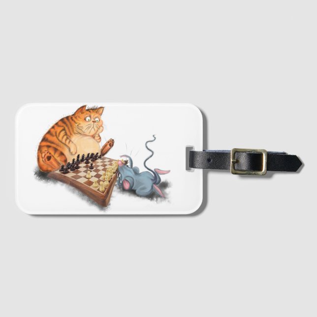 Étiquette À Bagage Chat et souris Jouer aux échecs Dessin drôle (Devant Horizontal)