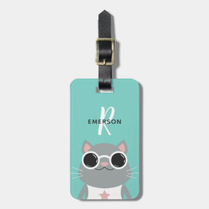 Étiquette À Bagage Chat frais avec le monogramme des lunettes de