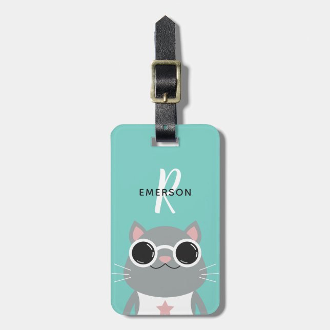 Étiquette À Bagage Chat frais avec le monogramme des lunettes de (Devant Vertical)