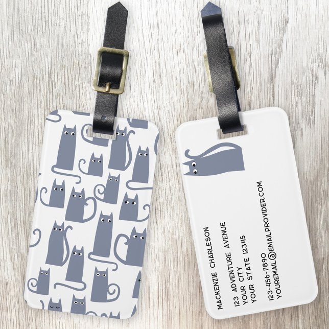 Étiquette À Bagage Chat gris amusant (Fun little gray cat pattern personalized luggage tag for animal lovers)