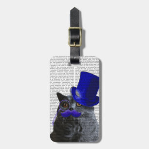 Étiquette À Bagage Chat gris avec chapeau bleu et moustache bleue